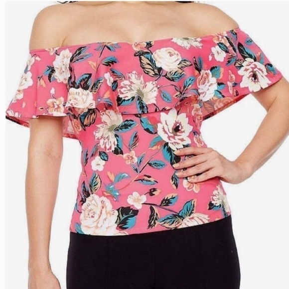 𝅺BOLD Elements spring pink floral off-the-shoulder ruffle top - Picture 1 of 6